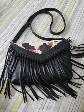 Black Fringe Crossbody Bag with Cowhide Accent